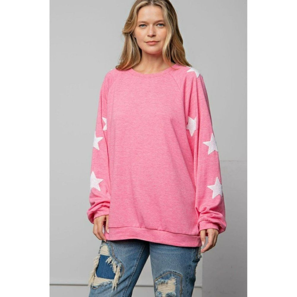 Easel Clothing Ultra Soft Hacci Pullover Star Print Slouchy Barbie Pink ET10831 - Picture 4 of 5